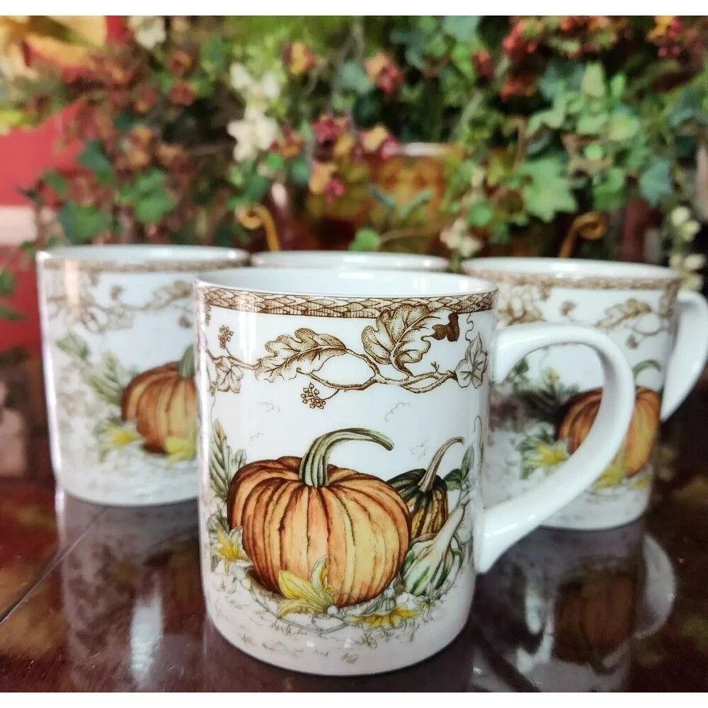 Williams Sonoma Botanical Pumpkin Mug Coffee Cocoa Thanksgiving Autumn Set of 4